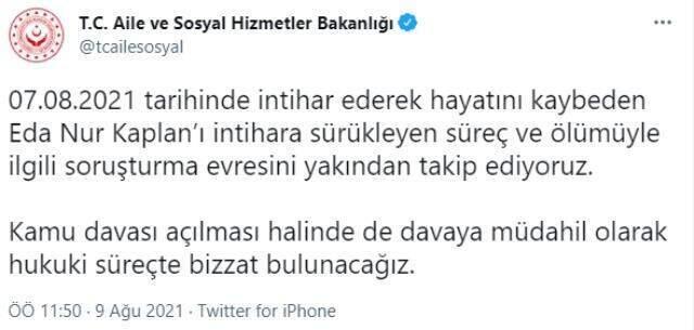 Eda Nur Kaplan'ı intihara sürükleyen süreçle ilgili Bakanlık'tan açıklama: Soruşturmayı yakından takip ediyoruz