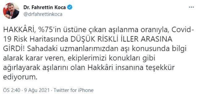 Hakkari, risk haritasında düşük riskli vilayetler ortasına girdi