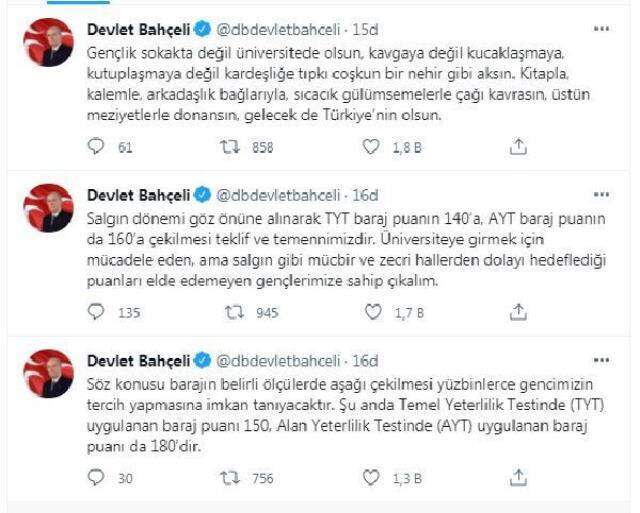 Son Dakika! MHP lideri Bahçeli'den üniversite sınavı çağrısı: TYT baraj puanı 140'a, AYT ise 160'a çekilsin