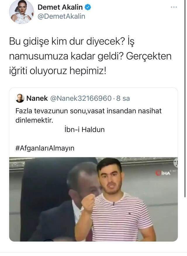 Türk bayanlarına hakaret eden Afgan'a reaksiyon gösteren Demet Akalın, Cumhurbaşkanı Erdoğan'ın ismi geçince paylaşımını sildi