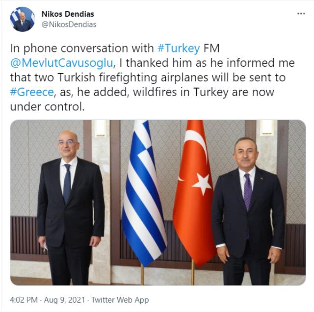 Türkiye'ye uçak göndermeyen Yunanistan'ın Dışişleri Bakanı Dendias, Türkiye'den gidecek uçaklar için teşekkür etti