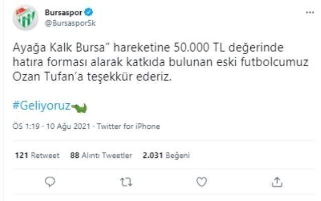 Ozan Tufan, altyapısından yetiştiği Bursaspor'a 50 bin TL destekte bulundu Ozan Tufan, altyapısından yetiştiği Bursaspor'a 50 bin TL destekte bulundu