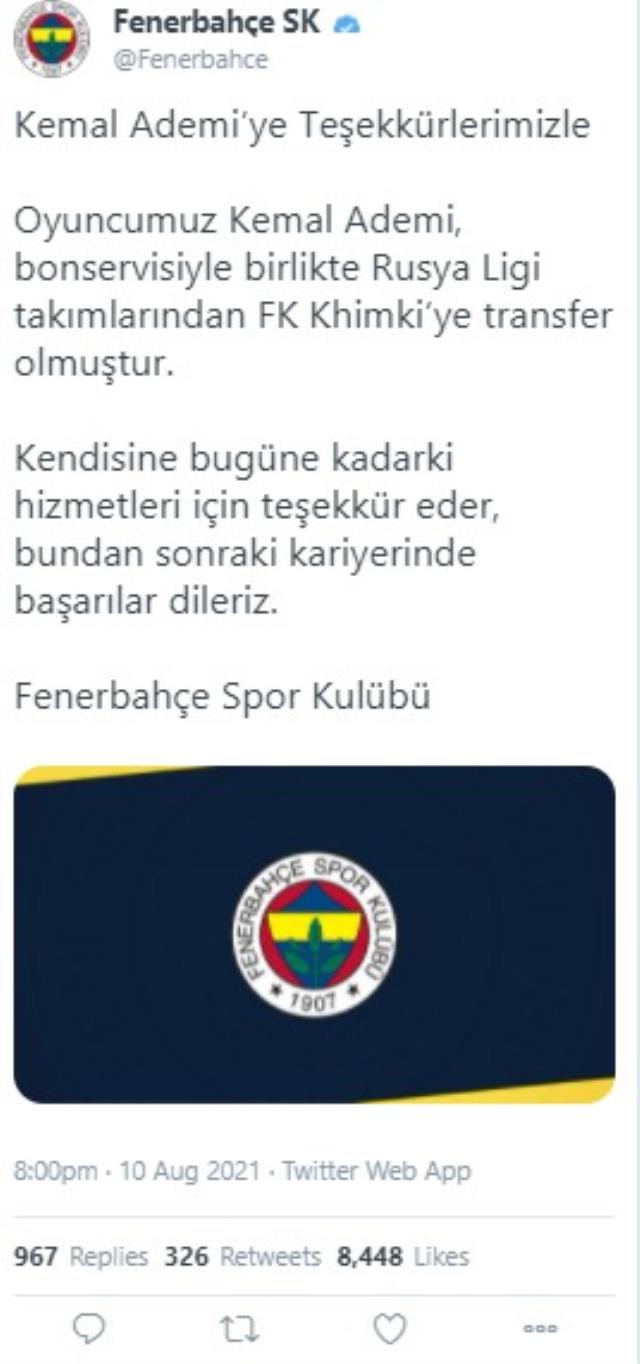 Son Dakika: Fenerbahçe, Kemal Ademi'nin bonservisi için Rus grubu Khimki'yle muahede sağlandığını duyurdu