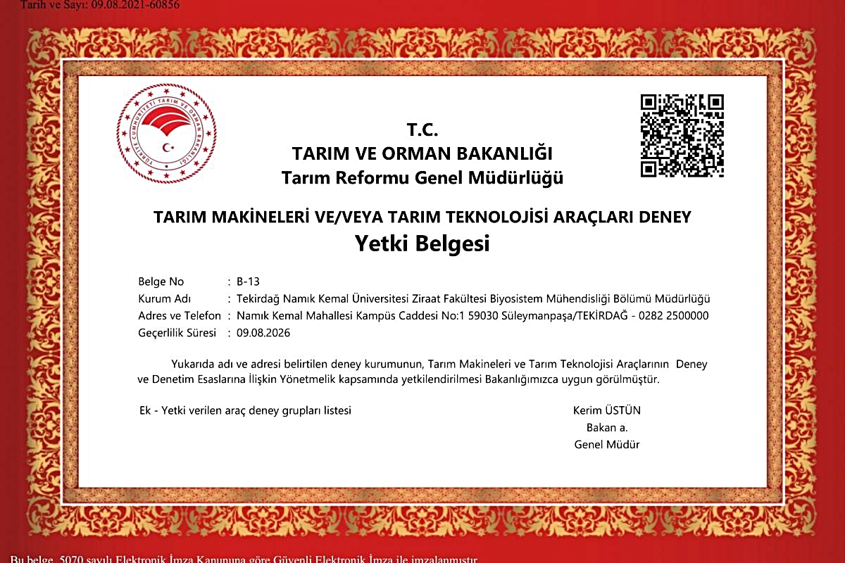 Fakültemiz Tarım Makineleri ve Tarım Teknolojisi Araçlarının Deneylerini yapmak üzere Tarım ve Orman Bakanlığı tarafından tekrar yetkilendirildi Yeni - Vimarsana News