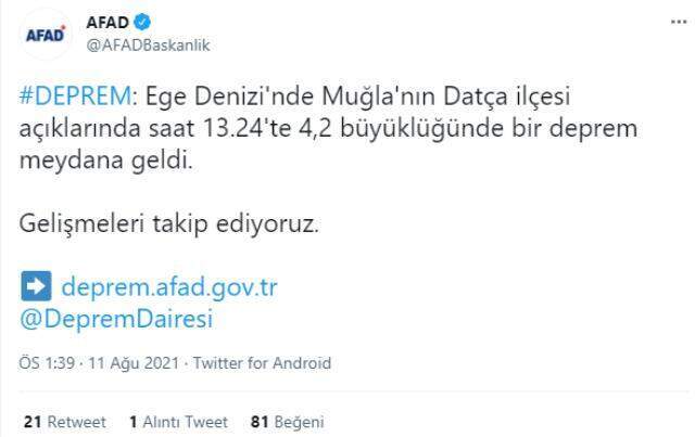 Muğla'nın Datça ilçesi açıklarında 4,2 büyüklüğünde deprem