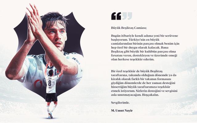 Umut Nayir yayınladığı iletiyle Beşiktaş'a veda etti: Üzerimde emeği olan herkese teşekkür ederim