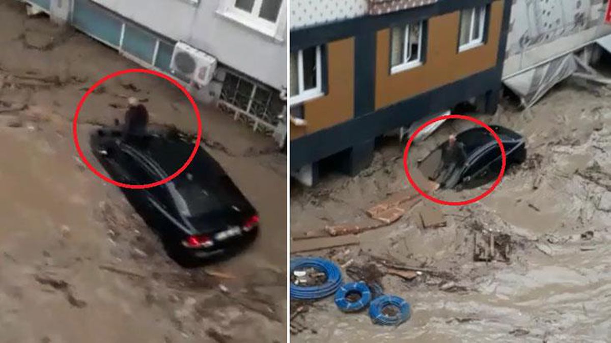 Vatandaşın zor anları! Can havliyle üzerine çıktığı araç duvara çarpınca sele kapıldı