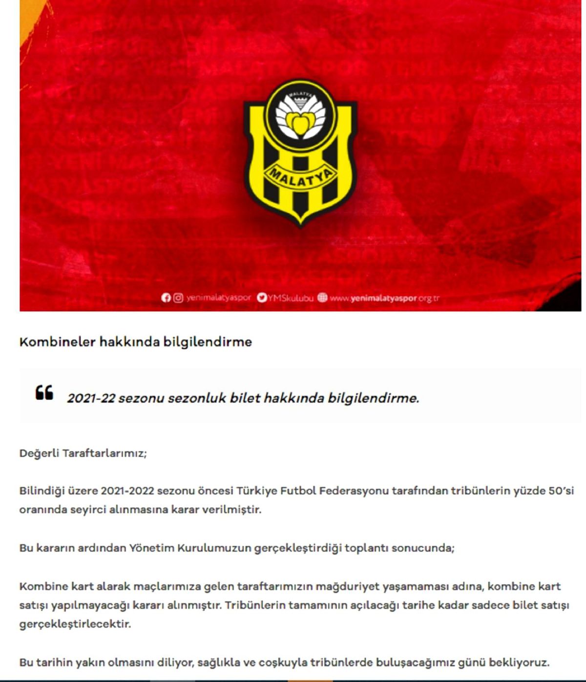 Yeni Malatyaspor'dan kombine açıklaması