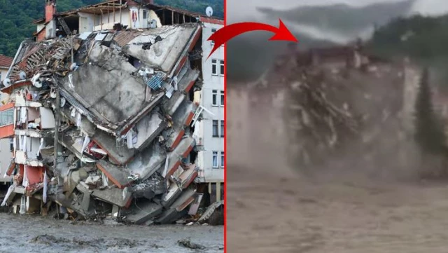 Kastamonu'nun Bozkurt ilçesinde selin yerle bir ettiği binanın yıkılma anı manzaraları ortaya çıktı
