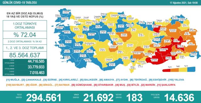 Son Dakika: Türkiye'de 17 Ağustos günü koronavirüs nedeniyle 183 kişi vefat etti, 21 bin 692 yeni vaka tespit edildi