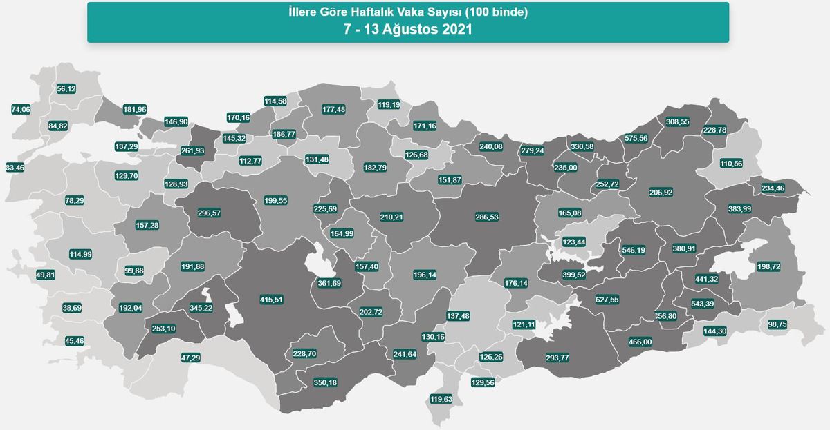 İl il koronavirüs vaka sayıları kaçtır? 7-13 Ağustos İl il güncel koronavirüs risk haritası ve haftalık vaka sayıları açıklandı mı?