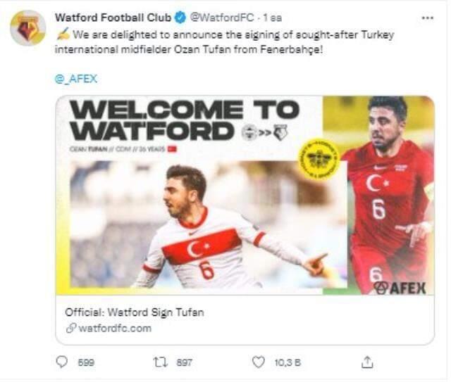 İngiliz grubu Watford, Ozan Tufan'ı takımına kattığı için çok memnun