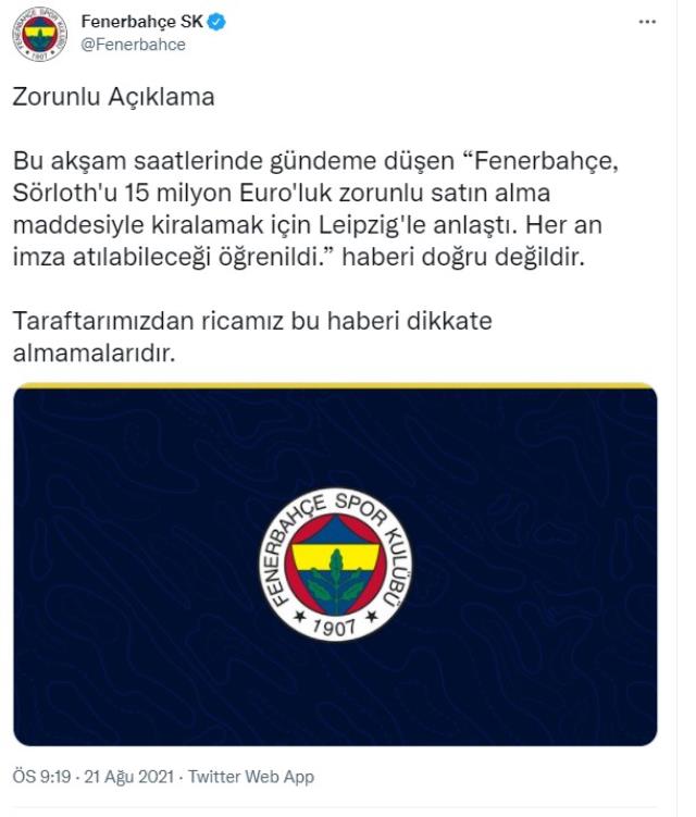 Fenerbahçe, Sörloth'la mutabakata varıldığı istikametindeki haberi resmen yalanladı