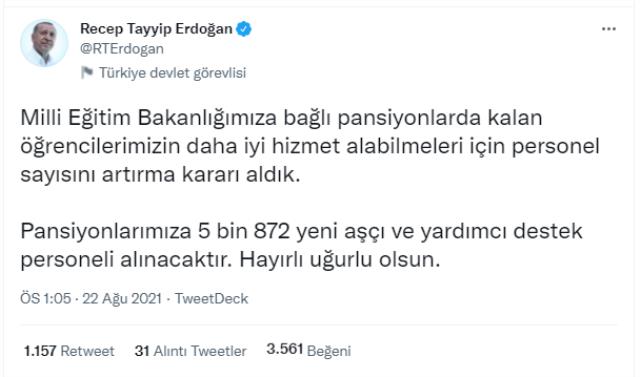 Cumhurbaşkanı Erdoğan muştuyu verdi: Öğrenci pansiyonlarına 5 bin 872 yeni işçi alınacak