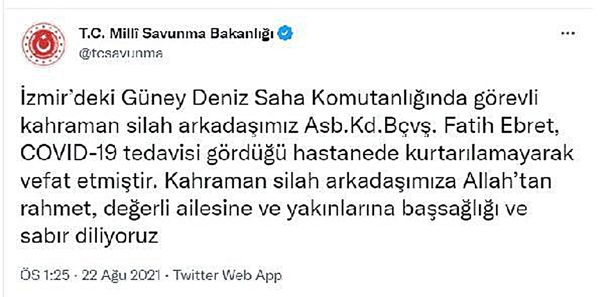 MSB: Koronavirüs tedavisi gören astsubay hayatını kaybetti - Vimarsana News