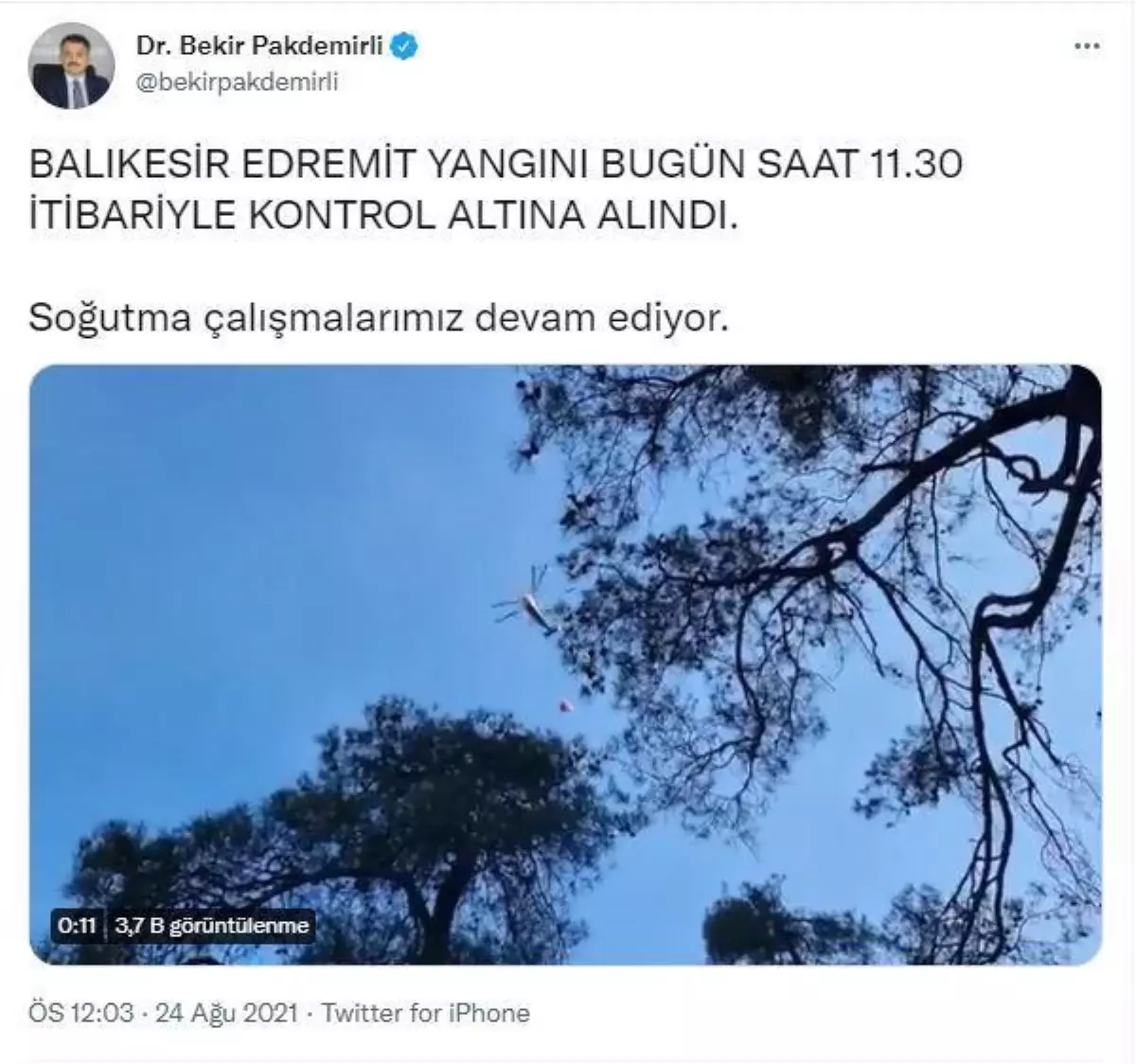 Bakan Pakdemirli: Edremit yangını kontrol altına alındı