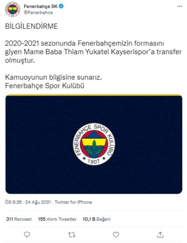 Kayserispor, Fenerbahçe'den Mame Thiam'ı resmen takımına kattı