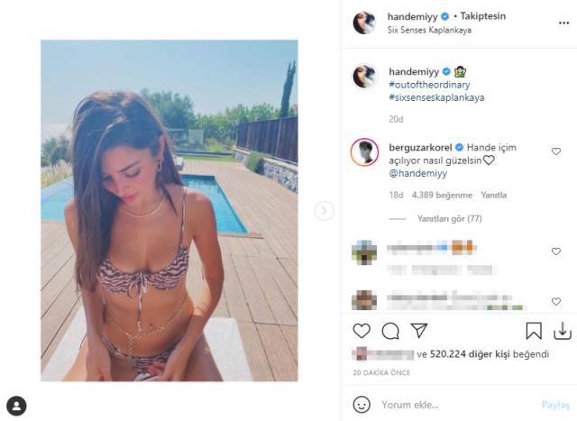 Bikinili pozlarını paylaşan oyuncu Hande Erçel'in paylaşımı 20 dakikada yarım milyon beğeni aldı