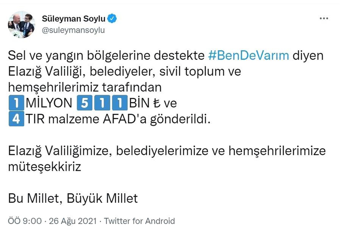 Son dakika haber! Elazığ'dan sel ve yangın bölgelerine 1 milyon 511 bin lira destek - Vimarsana News