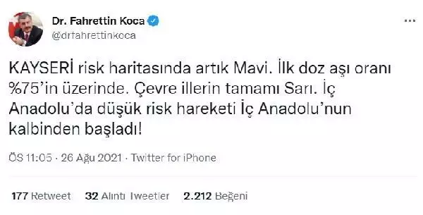 Kayseri koronavirüs aşı haritasında mavi renge döndü