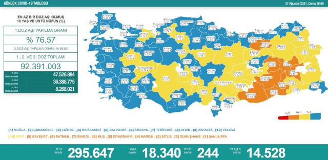 Son Dakika: Türkiye'de 27 Ağustos günü koronavirüs nedeniyle 244 vefat etti, 18 bin 340 yeni vaka tespit edildi