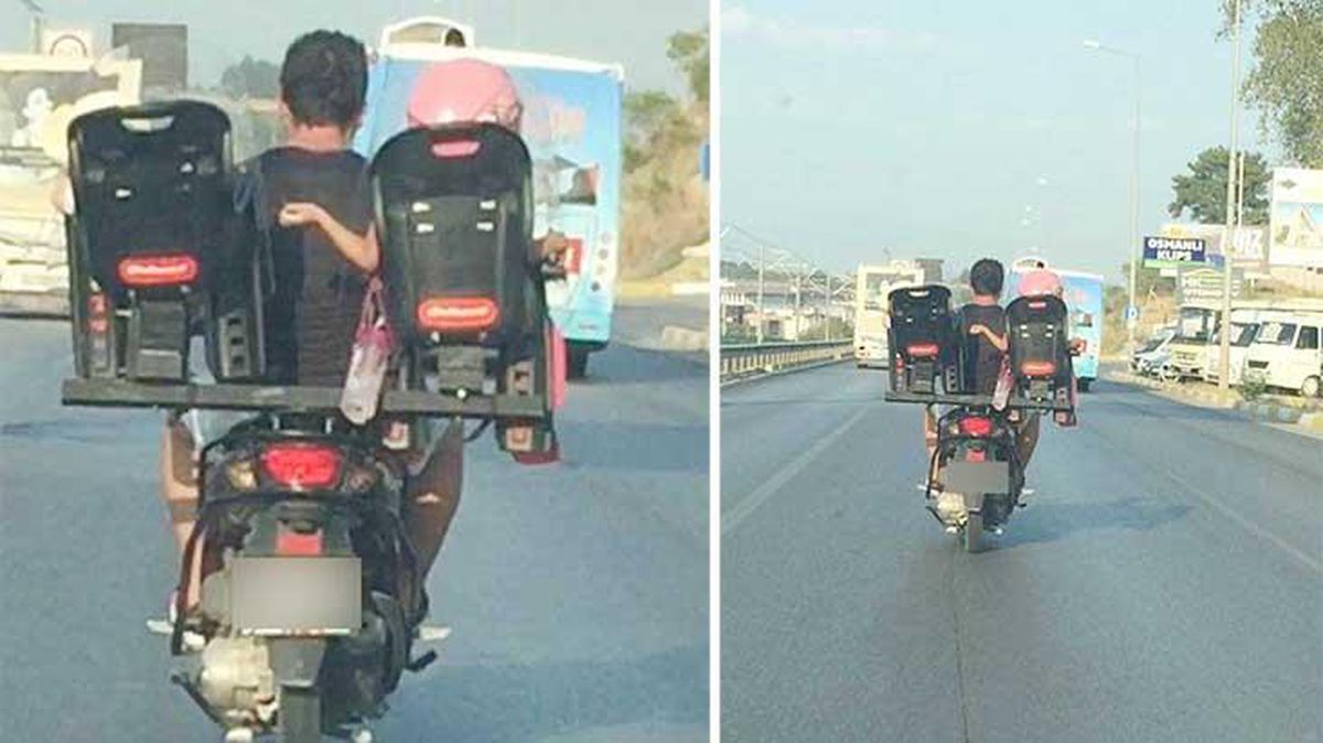 Trafikte akılalmaz görüntü! Motosiklet sürücüsü baba iki çocuğunu böyle taşıdı