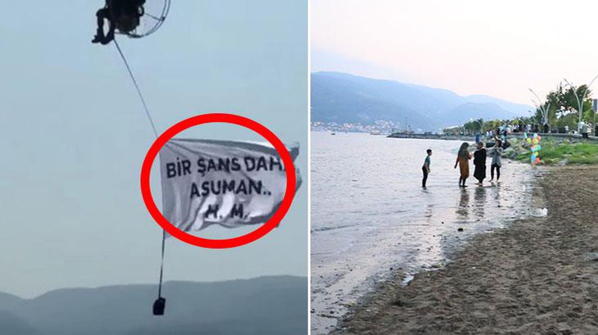 Gökyüzünde ilginç dakikalar! 'Bir şans daha Asuman' pankartını görenler tebessüm etti
