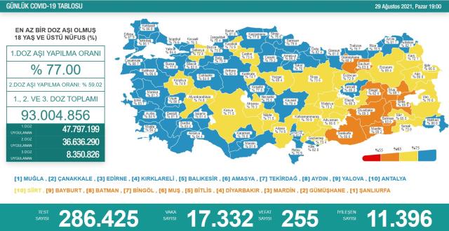 Son Dakika: Türkiye'de 29 Ağustos günü koronavirüs nedeniyle 255 kişi vefat etti, 17 bin 332 yeni vaka tespit edildi