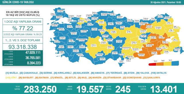 Son Dakika: Türkiye'de 30 Ağustos günü koronavirüs nedeniyle 245 kişi vefat etti, 19 bin 557 yeni vaka tespit edildi