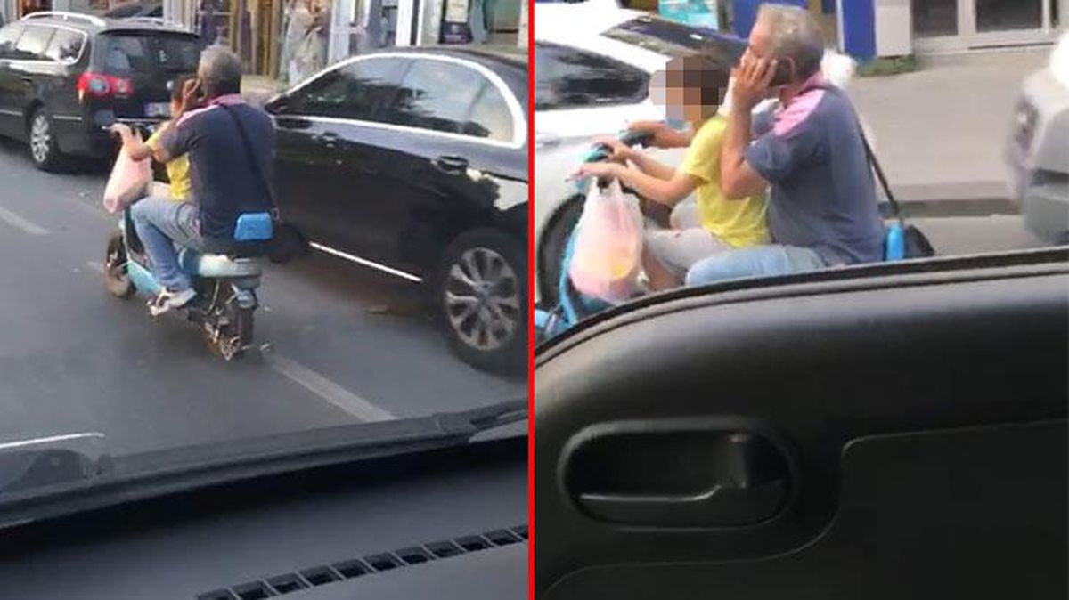 Sorumsuz sürücü, önüne oturttuğu küçük çocuğa motosiklet kullandırıp telefonla konuştu