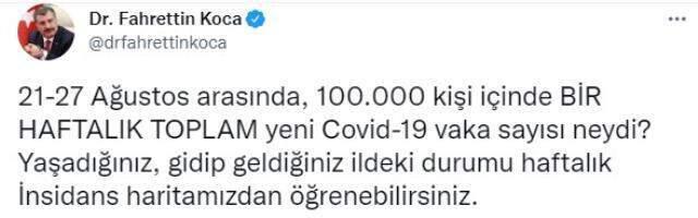 Son Dakika: Bakan Koca illere göre haftalık 100 bin kişide görülen vaka sayısını açıkladı