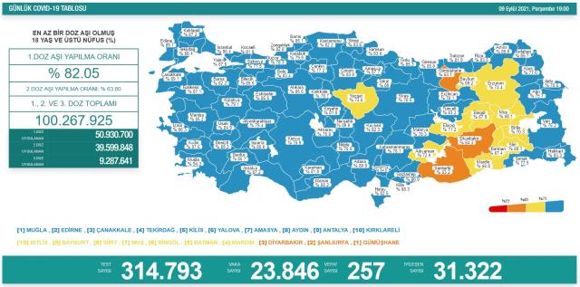 Son Dakika: Türkiye'de 9 Eylül günü koronavirüs nedeniyle 257 kişi vefat etti, 23 bin 846 yeni vaka tespit edildi