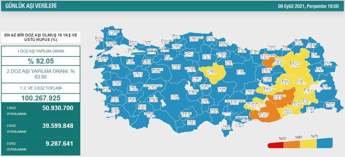 Kaç kişi aşı oldu? İstanbul, Ankara, İzmir, Bursa, Adana, Samsun aşı sayıları ve aşı haritası! 9 Eylül günlük aşı ve doz sayıları!