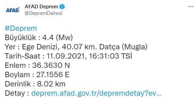 Muğla'nın Datça ilçesi açıklarında 4,4 büyüklüğünde deprem