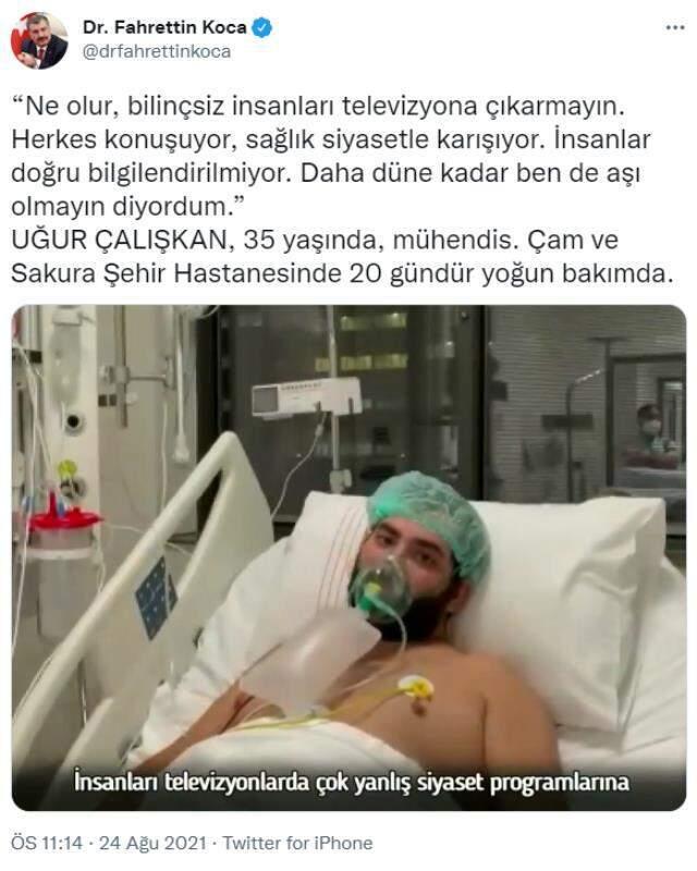 Bakan Koca'nın ağır bakım imajını paylaştığı mühendis taburcu oldu: Şu an gelseler 5 tane aşı olurum