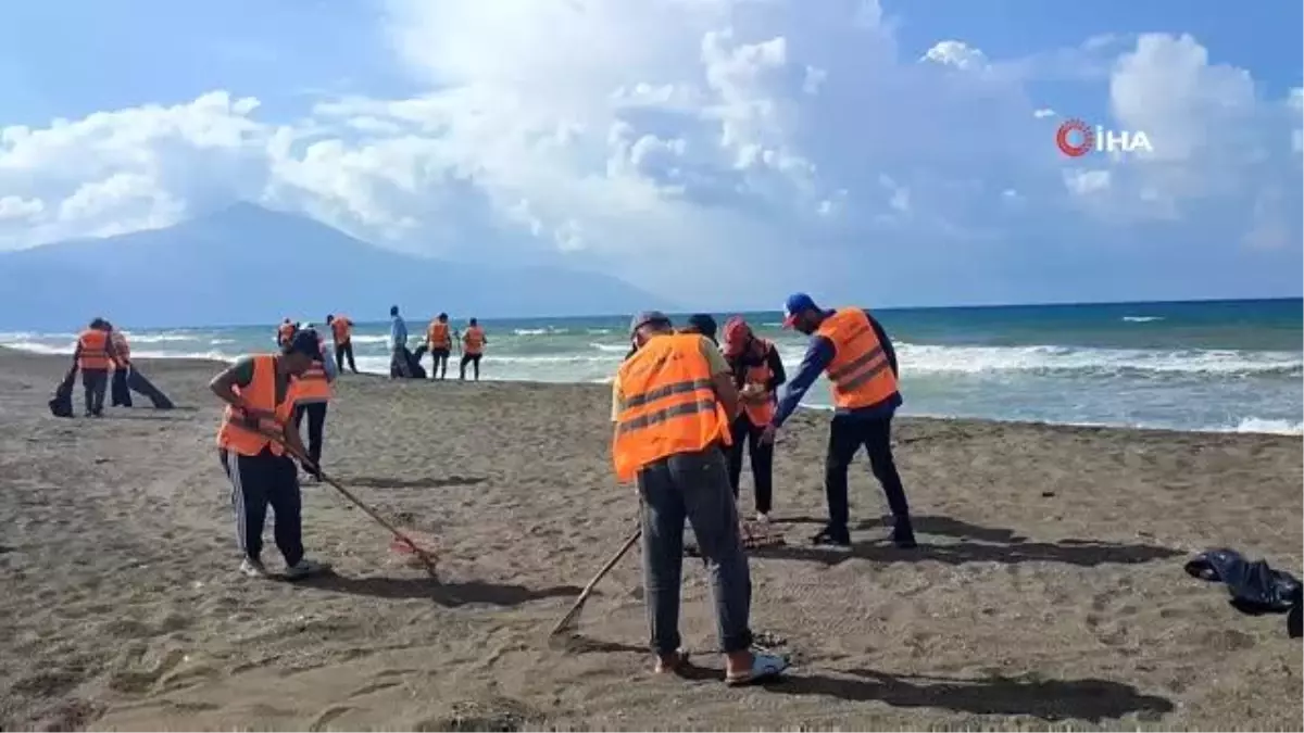 Hatay sahilinde petrol atıkları elekle temizleniyor