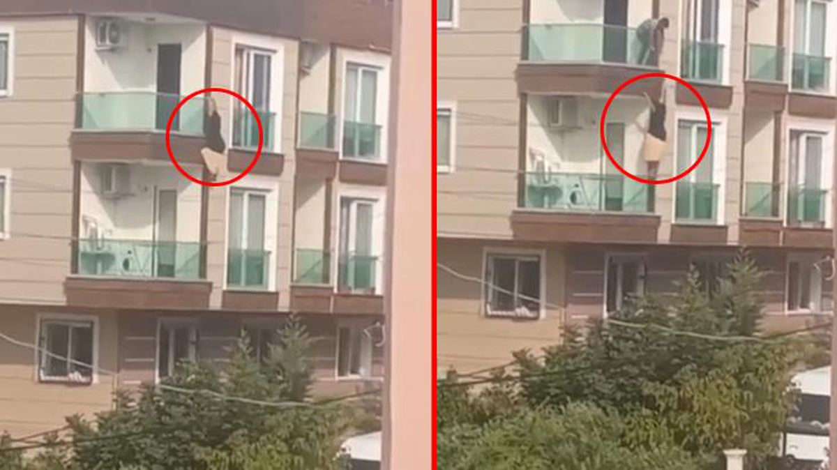 Çığlık çığlığa balkona çıkıp korkuluklardan sarkan kadın aşağıya düştü! O anlar anbean kaydedildi