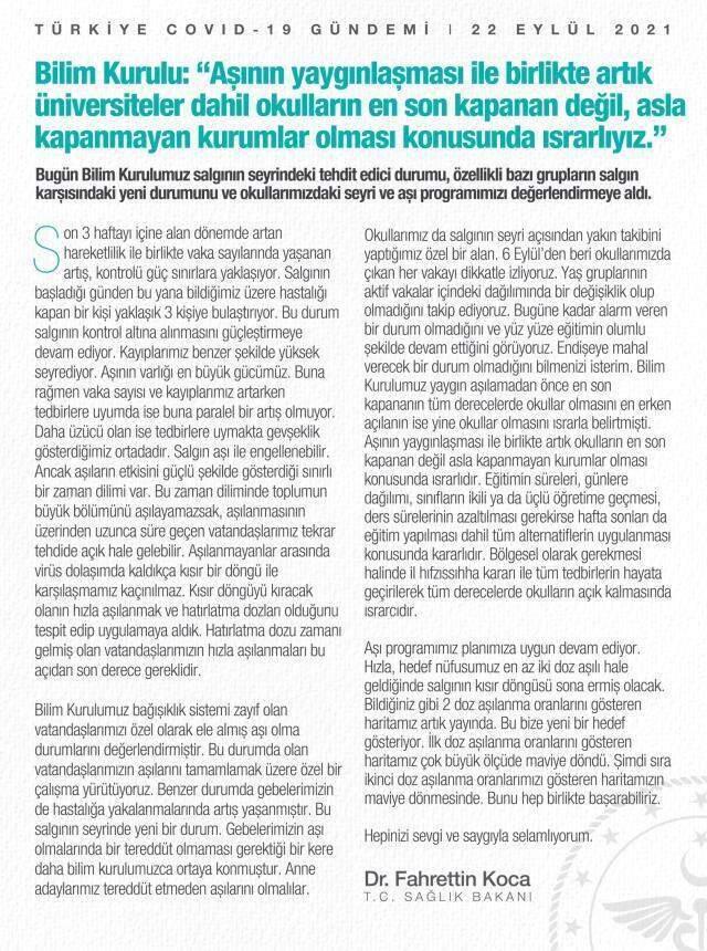 Bilim Kurulu Toplantısı kararları açıklandı mı, nelerdir? 22 Eylül Bilim Kurulu Toplantısı tüm kararlar açıklandı mı? Fahrettin Koca açıklamaları!