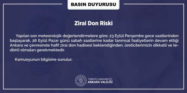 Ankara Valiliği'nden zirai don uyarısı! Perşembe günü başlayıp pazara kadar devam edecek Ankara Valiliği'nden zirai don uyarısı! Perşembe günü başlayıp pazara kadar devam edecek
