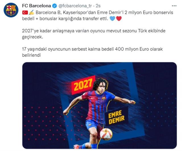 Barcelona'ya transfer olan Emre Demir'in hür kalma bedeli 400 milyon euro