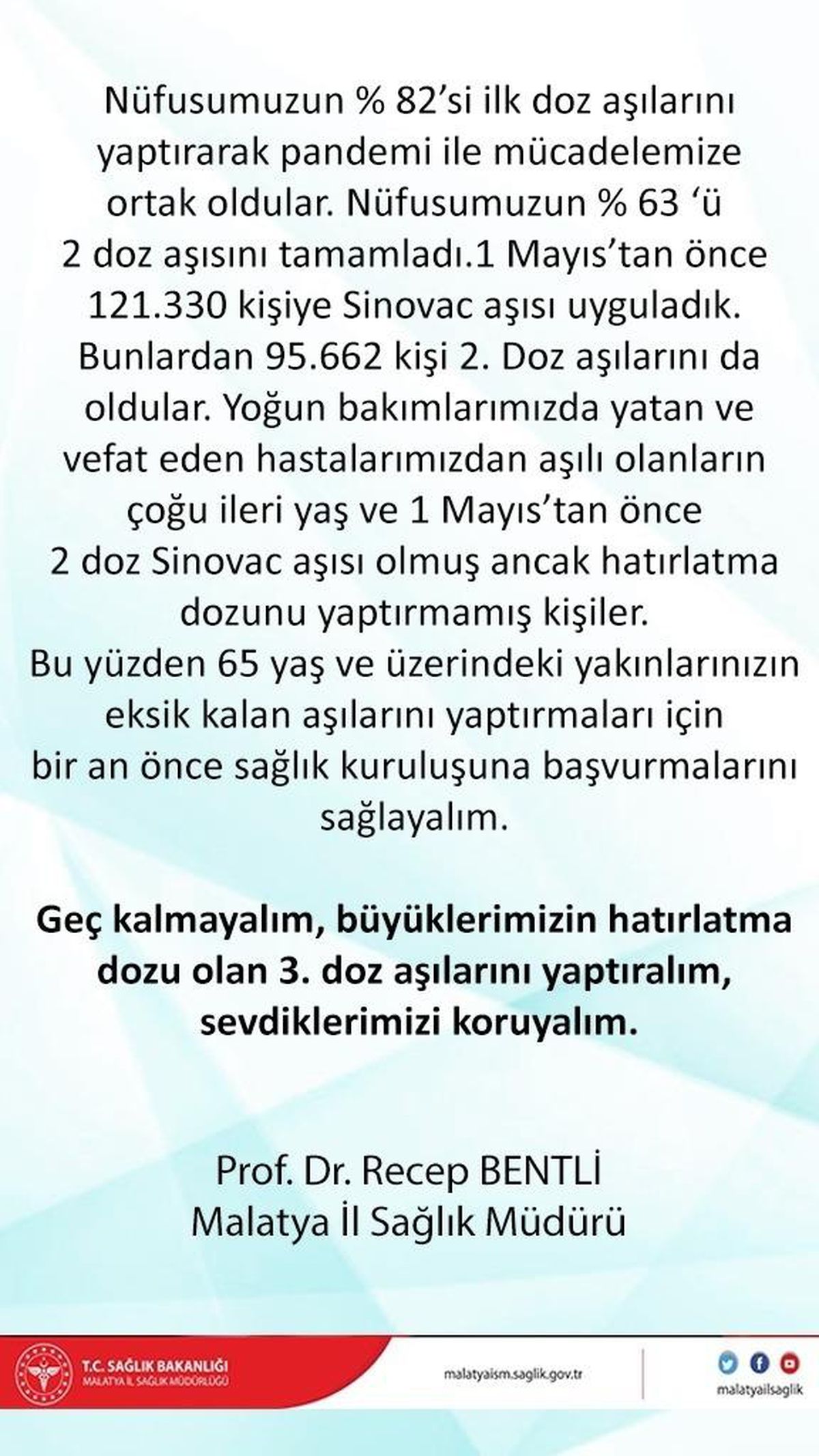 Malatya'da 3. doz aşı çağrısı