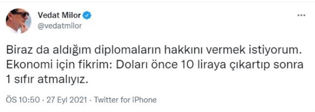 Vedat Milor'un doların 1 liraya düşmesi için yaptığı ironi, yorum bombardımanına tutuldu