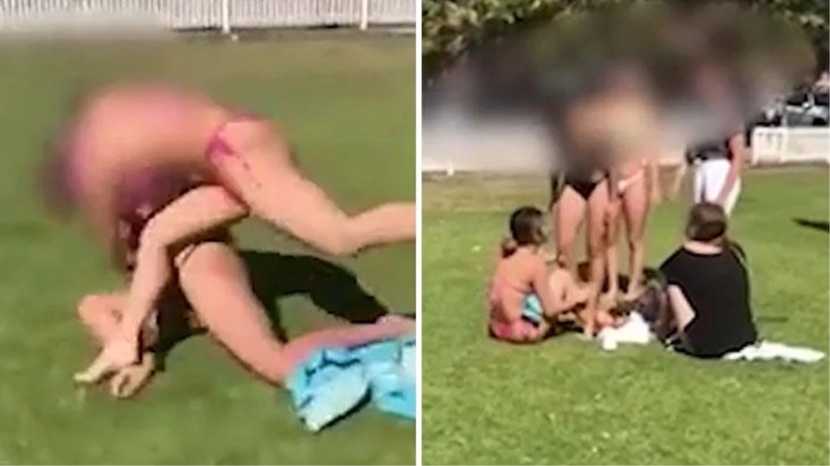 Görüntü kısa müddette viral oldu! Arbede eden kızların bikinisi düştü, erkekler tempo tuttu