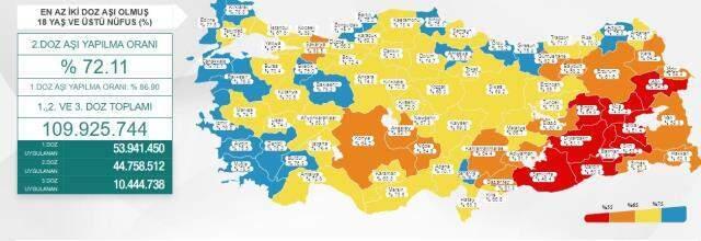 İki doz aşılamada 'mavi kategori'ye geçen il sayısı 19'a yükseldi