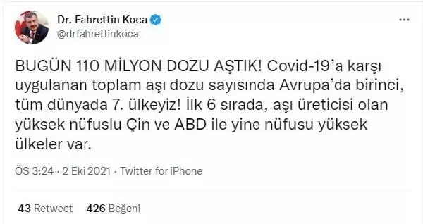 Avrupa'da birinci, dünyada yedinciyiz! Fahrettin Koca, ülkemizde yapılan toplam aşı dozu sayısını paylaştı