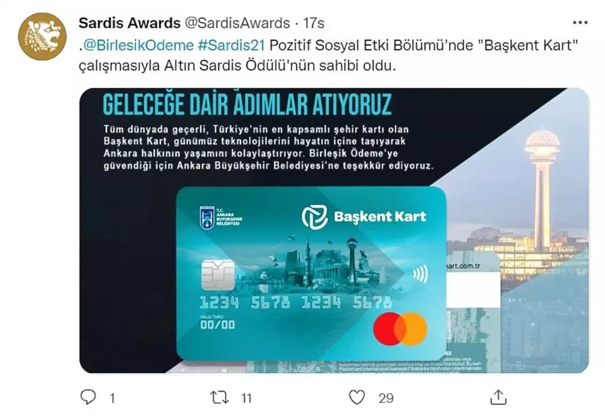SARDİS ÖDÜLLERİ BELLİ OLDU: BAŞKENT KART'A ALTIN ÖDÜL YAĞDI