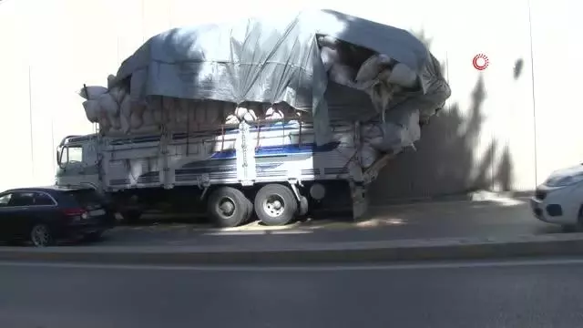 Saman yüklü kamyon alt geçide takıldı