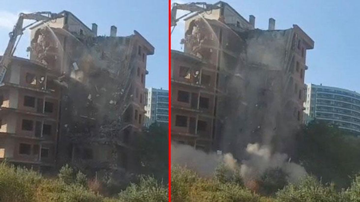 En rahat iş günü! Kepçe operatörünün yıkmak istediği bina kendiliğinden yıkıldı