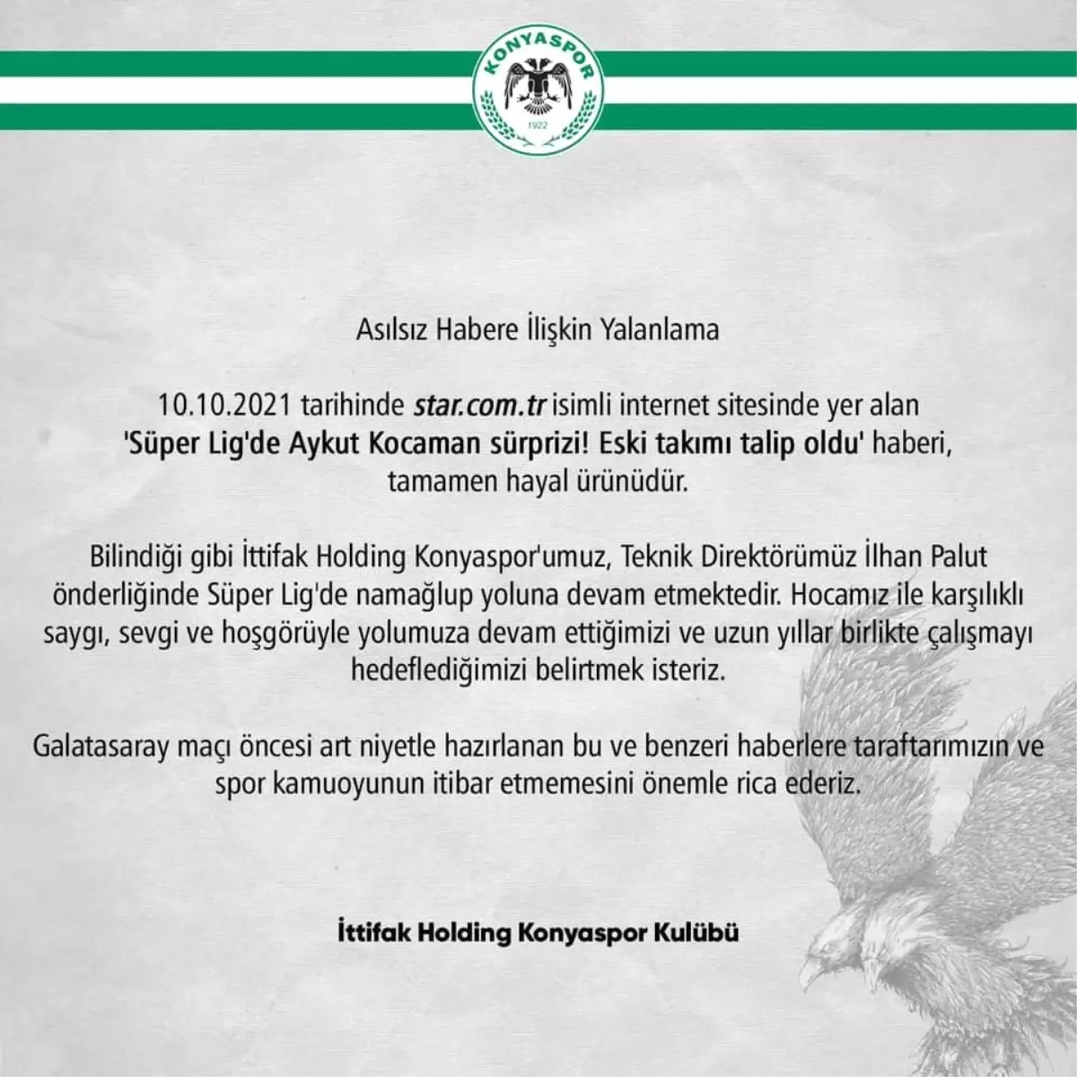 Konyaspor, Aykut Kocaman'ın yeniden göreve getirileceği haberlerini yalanladı