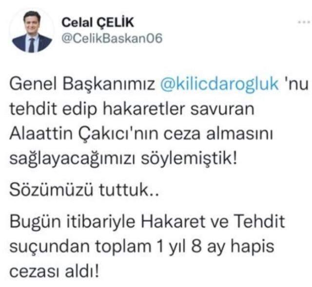 Alaattin Çakıcı, Kemal Kılıçdaroğlu'na hakaretten 1 yıl 8 ay mahpus cezası aldı